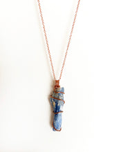 Load image into Gallery viewer, Blue Kyanite Wire-Wrapped Copper Pendant Necklace. Genuine Real Raw Gemstone Crystal Shard Sourced in Asheville, North Carolina. Minimalist Modern Bohemian Style Design. Authentic One-of-a-Kind Handmade Jewelry.
