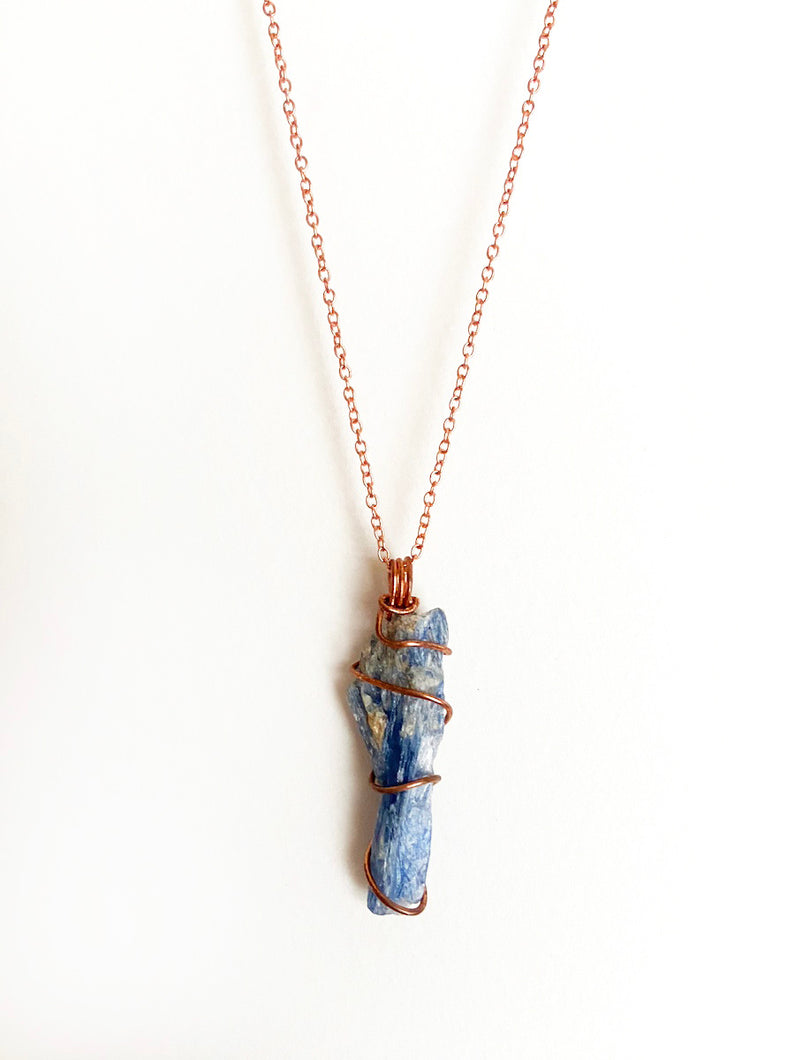 Blue Kyanite Wire-Wrapped Copper Pendant Necklace. Genuine Real Raw Gemstone Crystal Shard Sourced in Asheville, North Carolina. Minimalist Modern Bohemian Style Design. Authentic One-of-a-Kind Handmade Jewelry.