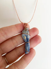 Load image into Gallery viewer, Blue Kyanite Wire-Wrapped Copper Pendant Necklace. Genuine Real Raw Gemstone Crystal Shard Sourced in Asheville, North Carolina. Minimalist Modern Bohemian Style Design. Authentic One-of-a-Kind Handmade Jewelry.
