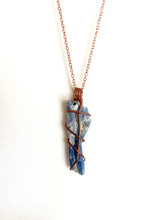 Load image into Gallery viewer, Blue Kyanite Wire-Wrapped Copper Pendant Necklace. Genuine Real Raw Gemstone Crystal Shard Sourced in Asheville, North Carolina. Minimalist Modern Bohemian Style Design. Authentic One-of-a-Kind Handmade Jewelry.
