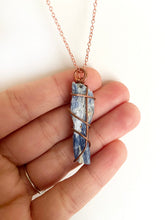 Load image into Gallery viewer, Blue Kyanite Wire-Wrapped Copper Pendant Necklace. Genuine Real Raw Gemstone Crystal Shard Sourced in Asheville, North Carolina. Minimalist Modern Bohemian Style Design. Authentic One-of-a-Kind Handmade Jewelry.
