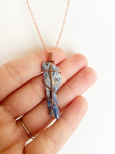 Load image into Gallery viewer, Blue Kyanite Wire-Wrapped Copper Pendant Necklace. Genuine Real Raw Gemstone Crystal Shard Sourced in Asheville, North Carolina. Minimalist Modern Bohemian Style Design. Authentic One-of-a-Kind Handmade Jewelry.
