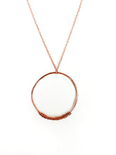 Load image into Gallery viewer, Hammered Wire-Wrapped Copper Circle Pendant Necklace. Delicate Intricate Minimalist Modern Bohemian Design. Authentic One-of-a-Kind Handmade Jewelry.
