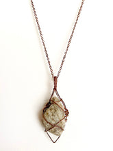 Load image into Gallery viewer, White Quartz &amp; Mica Wire-Wrapped Copper Pendant Necklace. Genuine Real Raw Crystal Gemstone. Foraged Rock Found on a Hike near Asheville in Western North Carolina. Minimalist Modern Bohemian Style with Criss Cross X Design. Authentic One-of-a-Kind Handmade Jewelry.
