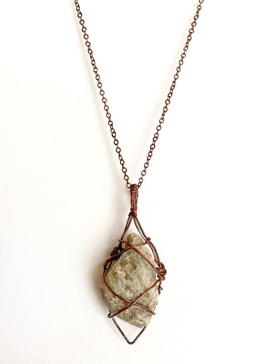 White Quartz & Mica Wire-Wrapped Copper Pendant Necklace. Genuine Real Raw Crystal Gemstone. Foraged Rock Found on a Hike near Asheville in Western North Carolina. Minimalist Modern Bohemian Style with Criss Cross X Design. Authentic One-of-a-Kind Handmade Jewelry.