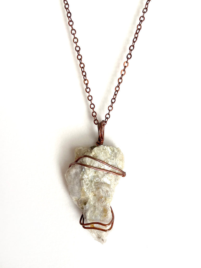 White Quartz & Mica Wire-Wrapped Copper Pendant Necklace. Genuine Real Raw Crystal Gemstone Shard. Foraged Rock Found on a Hike near Asheville in Western North Carolina. Minimalist Modern Bohemian Style with Circle Design. Authentic One-of-a-Kind Handmade Jewelry.