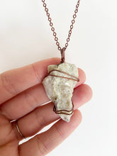 Load image into Gallery viewer, White Quartz &amp; Mica Wire-Wrapped Copper Pendant Necklace. Genuine Real Raw Crystal Gemstone Shard. Foraged Rock Found on a Hike near Asheville in Western North Carolina. Minimalist Modern Bohemian Style with Circle Design. Authentic One-of-a-Kind Handmade Jewelry.
