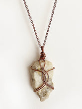 Load image into Gallery viewer, White Quartz &amp; Mica Wire-Wrapped Copper Pendant Necklace. Genuine Real Raw Crystal Gemstone. Foraged Rock Found on a Hike near Asheville in Western North Carolina. Minimalist Modern Bohemian Style Design. Authentic One-of-a-Kind Handmade Jewelry.

