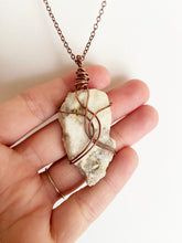Load image into Gallery viewer, White Quartz &amp; Mica Wire-Wrapped Copper Pendant Necklace. Genuine Real Raw Crystal Gemstone. Foraged Rock Found on a Hike near Asheville in Western North Carolina. Minimalist Modern Bohemian Style Design. Authentic One-of-a-Kind Handmade Jewelry.
