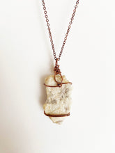 Load image into Gallery viewer, White Quartz &amp; Mica Wire-Wrapped Copper Pendant Necklace. Genuine Real Raw Crystal Gemstone. Foraged Rock Found on a Hike near Asheville in Western North Carolina. Minimalist Modern Bohemian Style Design. Authentic One-of-a-Kind Handmade Jewelry.
