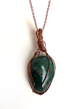 Load image into Gallery viewer, Green Jasper Wire-Wrapped Antique Copper Pendant Necklace. Genuine Real Raw Crystal Gemstone Sourced in Asheville, North Carolina. Minimalist Modern Bohemian Style with Swirl or Swoop Design. Authentic One-of-a-Kind Handmade Jewelry.
