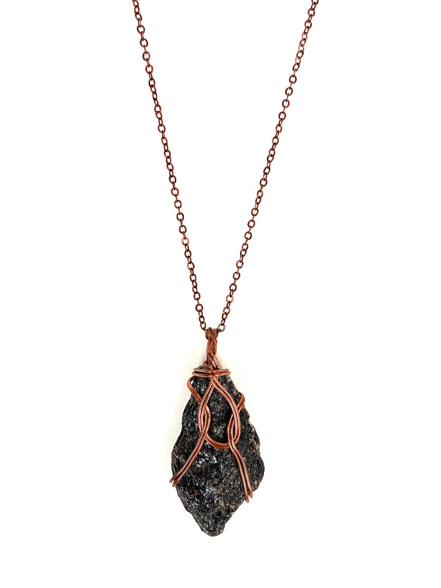 Black Pyroxenite Wire-Wrapped Antique Copper Pendant Necklace. Genuine Real Raw Crystal Gemstone. Foraged Rock Found on a Hike near Asheville in Western North Carolina. Minimalist Modern Bohemian Style with Circle Design. Authentic One-of-a-Kind Handmade Jewelry.