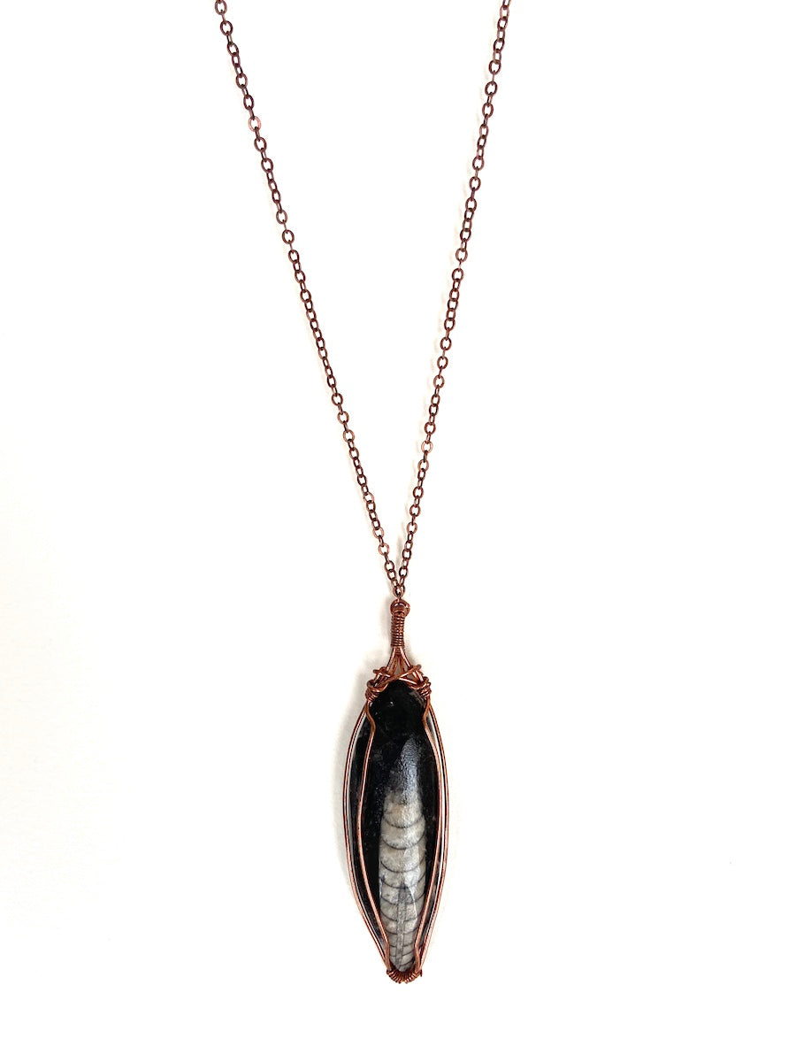 Ancient Orthoceras Fossial & Wire-Wrapped Antique Copper Pendant Necklace. Genuine Real Oblong Black Gemstone Sourced in Asheville, North Carolina. Minimalist Modern Bohemian Style Design. Authentic One-of-a-Kind Handmade Jewelry.