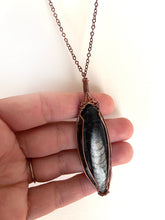 Load image into Gallery viewer, Ancient Orthoceras Fossial &amp; Wire-Wrapped Antique Copper Pendant Necklace. Genuine Real Oblong Black Gemstone Sourced in Asheville, North Carolina. Minimalist Modern Bohemian Style Design. Authentic One-of-a-Kind Handmade Jewelry.
