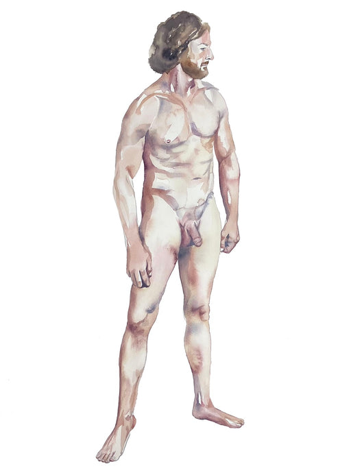 Commission a custom nude figure male watercolor painting by contemporary artist Elizabeth Becker in an expressive, impressionist, minimalist, modern style.