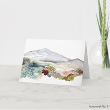 Load image into Gallery viewer, Greeting card featuring print of watercolor painting by contemporary artist Elizabeth Becker. Blank inside for any occasion. Abstract autumn trees and mountains landscape. Expressive, impressionist, minimalist, modern. Soft gray, dark green, olive green, pink and white colors.  Loose, expressive, minimalist, modern watercolor art.
