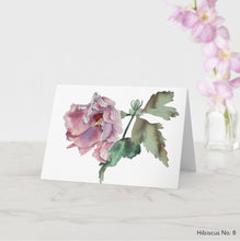 Load image into Gallery viewer, Greeting card featuring print of watercolor painting by contemporary artist Elizabeth Becker. Blank inside for any occasion. Botanical, floral, hibiscus flower. Mauve purple, soft pink, red, olive green and white colors.  Loose, expressive, minimalist, modern watercolor art.
