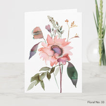 Load image into Gallery viewer, Greeting card featuring print of watercolor painting by contemporary artist Elizabeth Becker. Blank inside for any occassion. Botanical, floral, flower. Peach fuzz, dark olive green and white colors.  Loose, expressive, minimalist, modern watercolor art.
