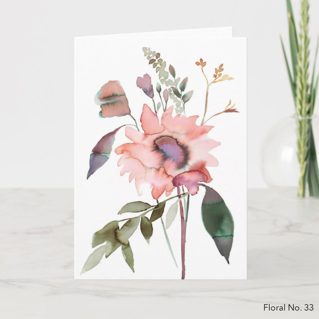 Greeting card featuring print of watercolor painting by contemporary artist Elizabeth Becker. Blank inside for any occassion. Botanical, floral, flower. Peach fuzz, dark olive green and white colors.  Loose, expressive, minimalist, modern watercolor art.