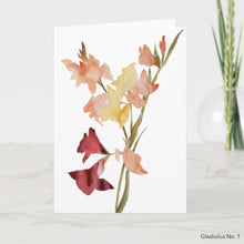 Load image into Gallery viewer, Greeting card featuring print of watercolor painting by contemporary artist Elizabeth Becker. Blank inside for any occasion. Botanical, floral, gladiolus flowers. Soft yellow, peach, red, olive green and white colors.  Loose, expressive, minimalist, modern watercolor art.
