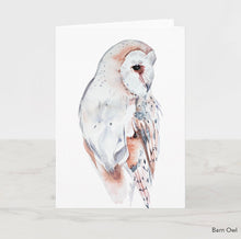 Load image into Gallery viewer, Greeting card featuring print of watercolor painting by contemporary artist Elizabeth Becker. Blank inside for any occasion. Barn owl bird, wildlife portrait. Expressive, impressionist, minimalist, modern. Soft peach, gray and white colors.  Loose, expressive, minimalist, modern watercolor art.
