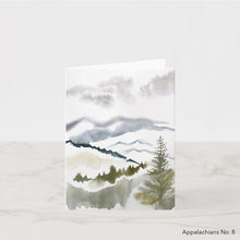 Load image into Gallery viewer, Greeting card featuring print of watercolor painting by contemporary artist Elizabeth Becker. Blank inside for any occasion. Abstract landscape. Foggy pines mountain scene. Expressive, impressionist, minimalist, modern. Dark forest green, soft gray and white colors.  Loose, expressive, minimalist, modern watercolor art.
