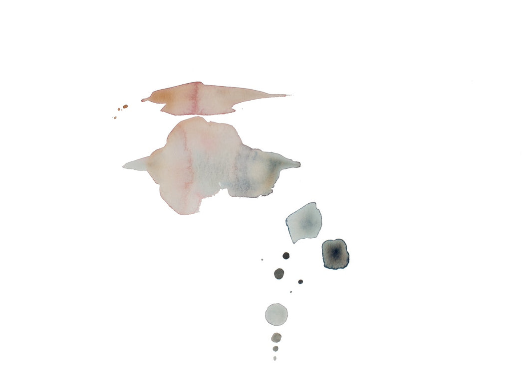 9” x 12” original watercolor abstract sunset mountain landscape painting in an ethereal, expressive, impressionist, minimalist, modern style by contemporary fine artist Elizabeth Becker. Loose watery brushstrokes and splatters with wet-on-wet blooms. Soft muted blue, gray, peach and white colors. 