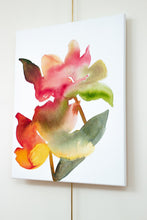 Load image into Gallery viewer, 16&quot; x 20&quot; original acrylic or watercolor botanical abstract flower painting on canvas. Varnished and ready-to-hang. Expressive, loose, watery, minimalist, modern style by contemporary fine artist Elizabeth Becker. Prints available. Bright and colorful. Vibrant red, dark fuchsia pink and olive green colors.
