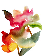 Load image into Gallery viewer, 16&quot; x 20&quot; original acrylic or watercolor botanical abstract flower painting on canvas. Varnished and ready-to-hang. Expressive, loose, watery, minimalist, modern style by contemporary fine artist Elizabeth Becker. Prints available. Bright and colorful. Vibrant red, dark fuchsia pink and olive green colors.
