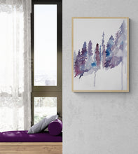 Load image into Gallery viewer, 9” x 12” original watercolor botanical nature painting of pine trees in an ethereal, expressive, impressionist, minimalist, modern style by contemporary fine artist Elizabeth Becker. Soft purple, mauve, blue and white colors.
