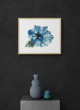 Load image into Gallery viewer, 16&quot; x 20&quot; original watercolor botanical anemone floral painting in an expressive, loose, watery, minimalist, modern style by contemporary fine artist Elizabeth Becker. Prints available. Monochromatic dark blue, black and green colors on white background.
