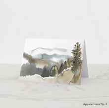 Load image into Gallery viewer, Greeting card featuring print of watercolor painting by contemporary artist Elizabeth Becker. Blank inside for any occasion. Abstract landscape. Foggy pines mountain scene. Expressive, impressionist, minimalist, modern. Dark forest green, soft gray and white colors.  Loose, expressive, minimalist, modern watercolor art.
