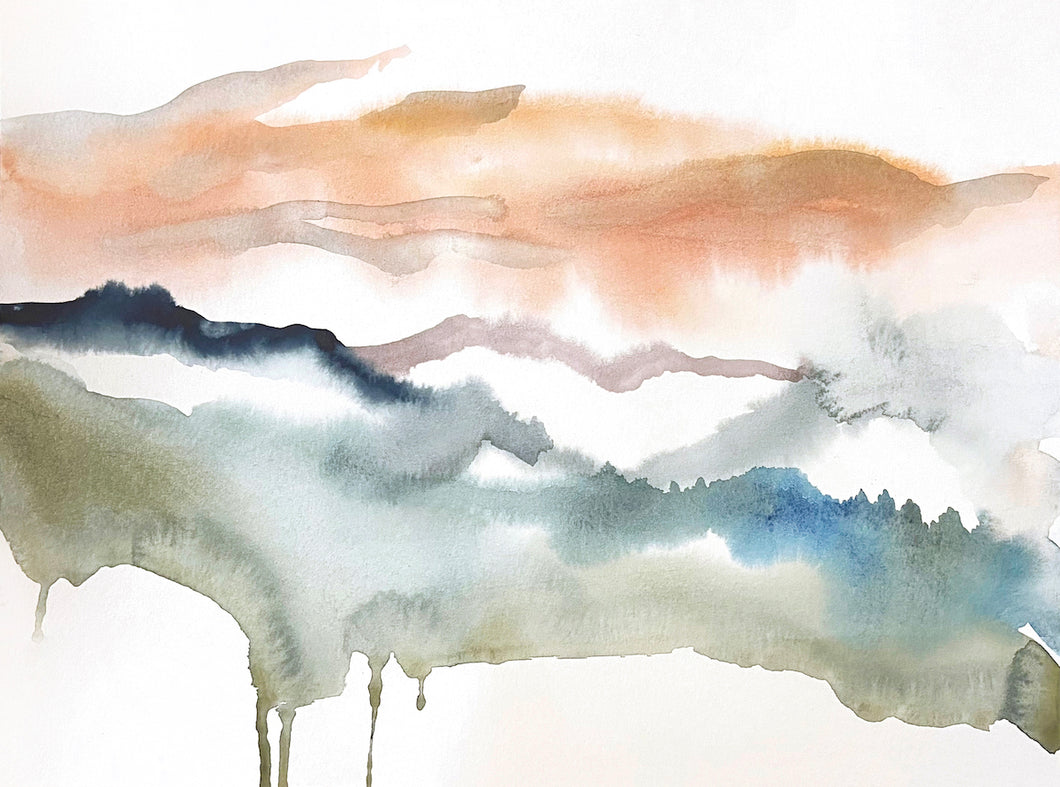 9” x 12” original watercolor abstract landscape painting in an ethereal, expressive, impressionist, minimalist, modern style by contemporary fine artist Elizabeth Becker