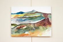 Load image into Gallery viewer, 30” x 40&quot; original watercolor painting on canvas. Abstract autumnal or fall landscape of foggy misty mountain layers in an expressive, impressionist, loose, watery, flowing, ethereal, minimalist, modern, moody style by contemporary fine artist Elizabeth Becker. Inspired by Asheville, North Carolina or Colorado. Muted dark red, olive green, rust orange, yellow, blue and white colors.
