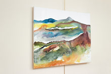 Load image into Gallery viewer, 30” x 40&quot; original watercolor painting on canvas. Abstract autumnal or fall landscape of foggy misty mountain layers in an expressive, impressionist, loose, watery, flowing, ethereal, minimalist, modern, moody style by contemporary fine artist Elizabeth Becker. Inspired by Asheville, North Carolina or Colorado. Muted dark red, olive green, rust orange, yellow, blue and white colors.
