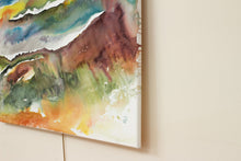 Load image into Gallery viewer, 30” x 40&quot; original watercolor painting on canvas. Abstract autumnal or fall landscape of foggy misty mountain layers in an expressive, impressionist, loose, watery, flowing, ethereal, minimalist, modern, moody style by contemporary fine artist Elizabeth Becker. Inspired by Asheville, North Carolina or Colorado. Muted dark red, olive green, rust orange, yellow, blue and white colors.

