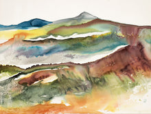 Load image into Gallery viewer, 30” x 40&quot; original watercolor painting on canvas. Abstract autumnal or fall landscape of foggy misty mountain layers in an expressive, impressionist, loose, watery, flowing, ethereal, minimalist, modern, moody style by contemporary fine artist Elizabeth Becker. Inspired by Asheville, North Carolina or Colorado. Muted dark red, olive green, rust orange, yellow, blue and white colors.
