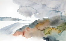 Load image into Gallery viewer, 10.25” x 16&quot; original watercolor abstract landscape painting of foggy autumn mountains and cloudy sky in an expressive, minimalist, modern style by contemporary fine artist Elizabeth Becker. Muted soft gray, blue green and white colors. 
