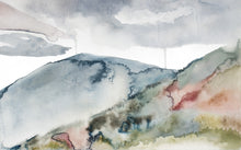 Load image into Gallery viewer, 10.25” x 16&quot; original watercolor abstract landscape painting of foggy autumn mountains and cloudy sky in an expressive, minimalist, modern style by contemporary fine artist Elizabeth Becker. Muted soft gray, blue green and white colors. 
