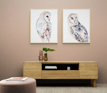 Load image into Gallery viewer, 9” x 12” original watercolor wildlife nature barn owl painting in an expressive, impressionist, minimalist, modern style by contemporary fine artist Elizabeth Becker. Soft peach, gray and white colors.

