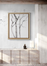 Load image into Gallery viewer, 9” x 12” original trees ink painting in an expressive, impressionist, minimalist, modern style by contemporary fine artist Elizabeth Becker. Monochromatic black and white.
