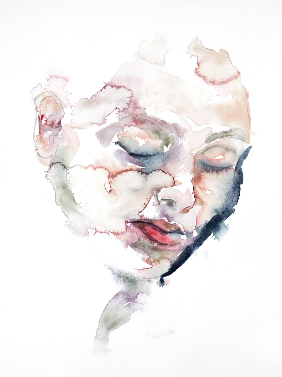 Original watercolor abstract portrait painting in an ethereal, expressive, impressionist, minimalist, modern style by contemporary fine artist Elizabeth Becker. 