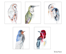 Load image into Gallery viewer, Greeting card pack featuring prints of watercolor paintings by contemporary artist Elizabeth Becker. Set of 5 Cards. Blank inside for any occasion. Wildlife bird portraits. Loose, expressive, impressionist, minimalist, modern fine art.
