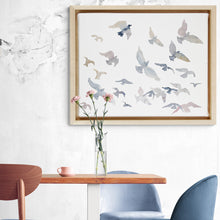 Load image into Gallery viewer, 18” x 24” original watercolor flying birds painting in an ethereal, expressive, impressionist, minimalist, modern style by contemporary fine artist Elizabeth Becker
