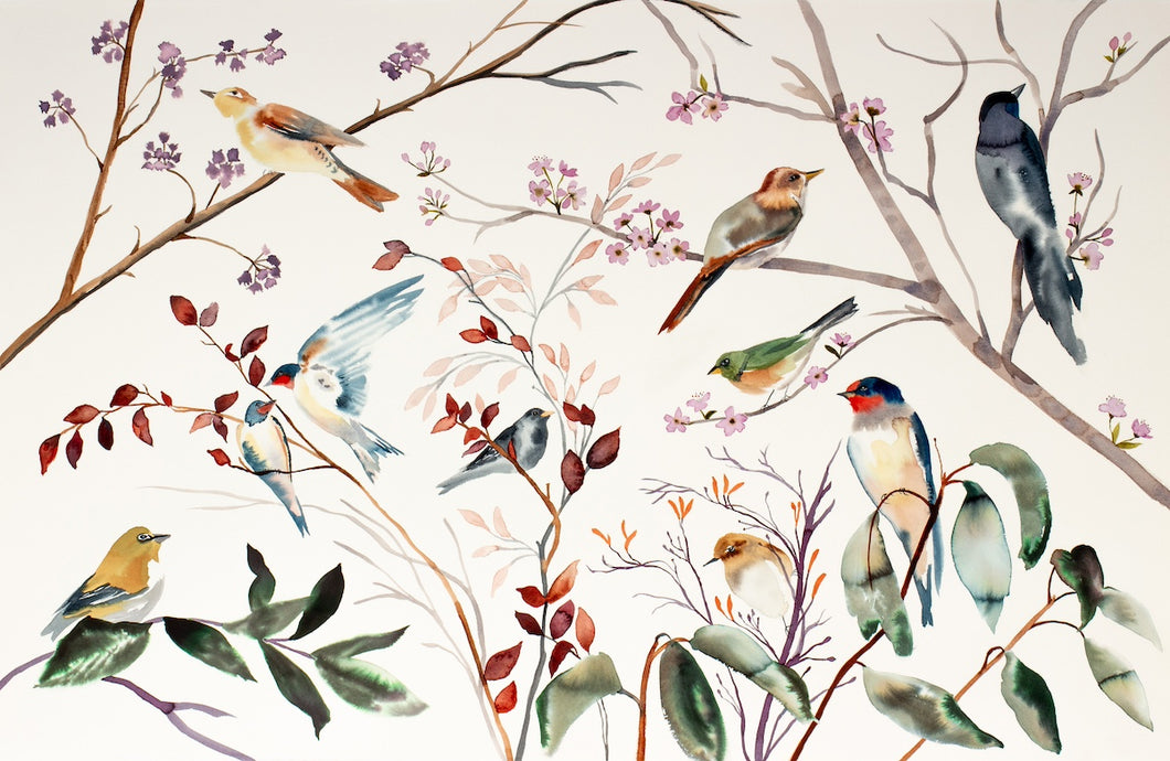 26” x 40” original watercolor painting. Flock of birds on branches. Large-scale wildlife illustration in an expressive modern style by contemporary fine artist Elizabeth Becker. Neutral dark olive green, gray and white colors.