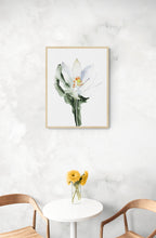 Load image into Gallery viewer, 9&quot; x 12&quot; original watercolor botanical bloodroot flower painting in an expressive, impressionist, minimalist, modern style by contemporary fine artist Elizabeth Becker. Soft green, orang and white colors.
