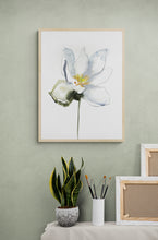Load image into Gallery viewer, 9&quot; x 12&quot; original watercolor botanical bloodroot flower painting in an expressive, impressionist, minimalist, modern style by contemporary fine artist Elizabeth Becker. Soft muted green, gold, gray and white colors.
