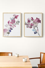 Load image into Gallery viewer, 9&quot; x 12&quot; original watercolor botanical flower painting in an expressive, impressionist, minimalist, modern style by contemporary fine artist Elizabeth Becker. Soft muted pink, red, blue, purple, green and white colors.
