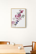 Load image into Gallery viewer, 9&quot; x 12&quot; original watercolor botanical flower painting in an expressive, impressionist, minimalist, modern style by contemporary fine artist Elizabeth Becker. Soft ethereal pink, red, blue, purple, green and white colors.
