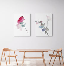 Load image into Gallery viewer, 9&quot; x 12&quot; original watercolor botanical flower painting in an expressive, impressionist, minimalist, modern style by contemporary fine artist Elizabeth Becker. Ethereal, soft, pale pink, blue green, purple and white colors.
